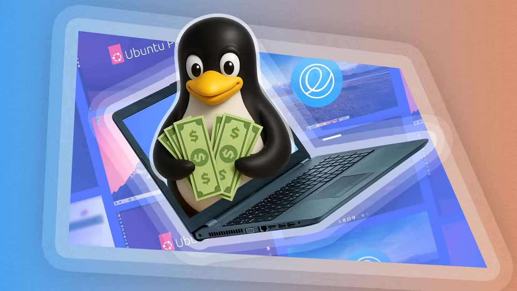 linux-mascot-coming-out-of-a-laptop-screen-holding-some-bills-with-a-few-linux-distros-in-the-background-1 أسباب تجعل مستخدمي Linux يعودون للنظام بعد التخلي عنه لفترة