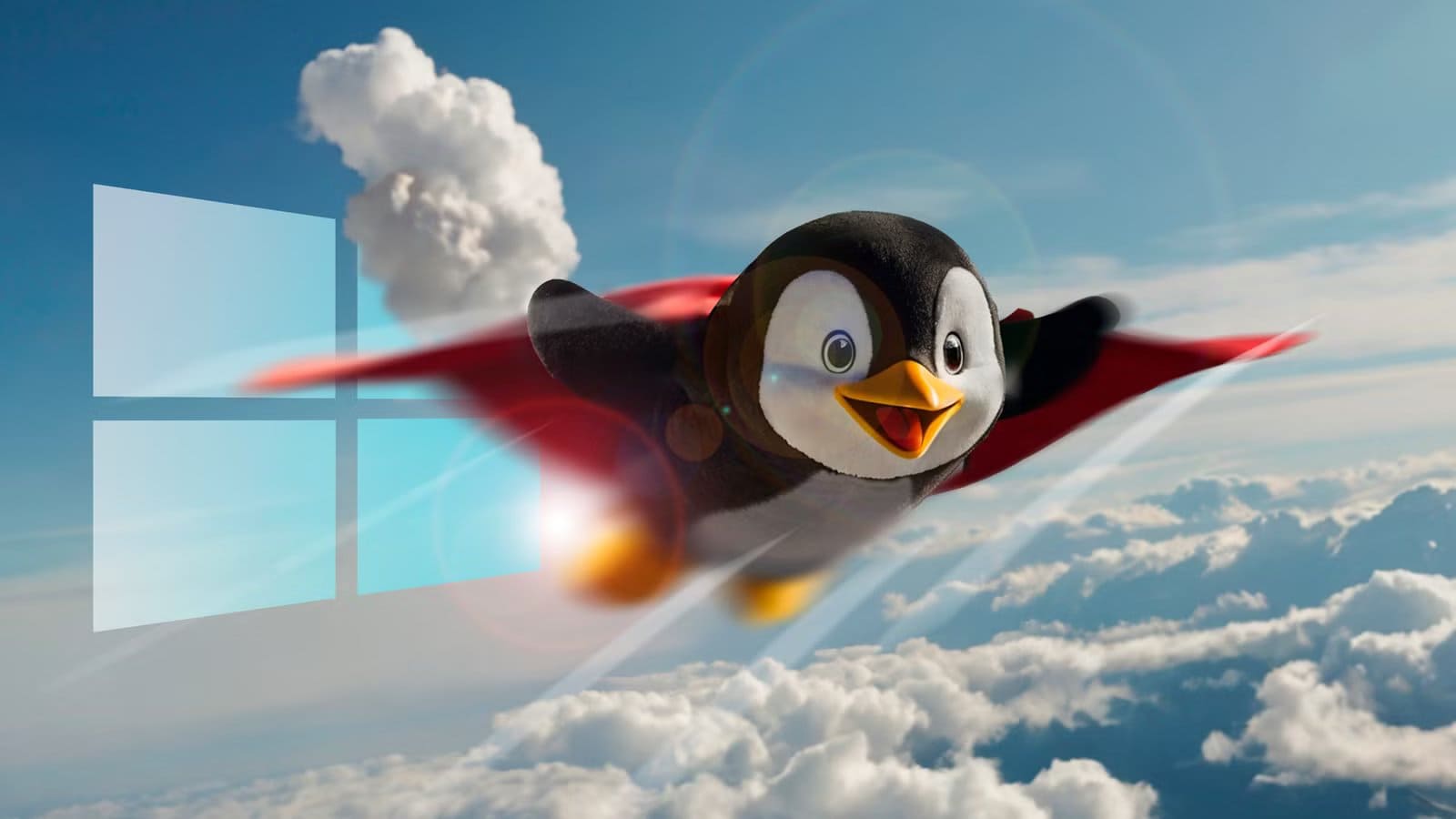 linux-mascot-flying-happily-above-the-clouds-with-the-windows-logo-behind اختيار توزيعة Linux المناسبة للمبتدئين أصبح أسهل مع هذه الأنظمة الثلاثة
