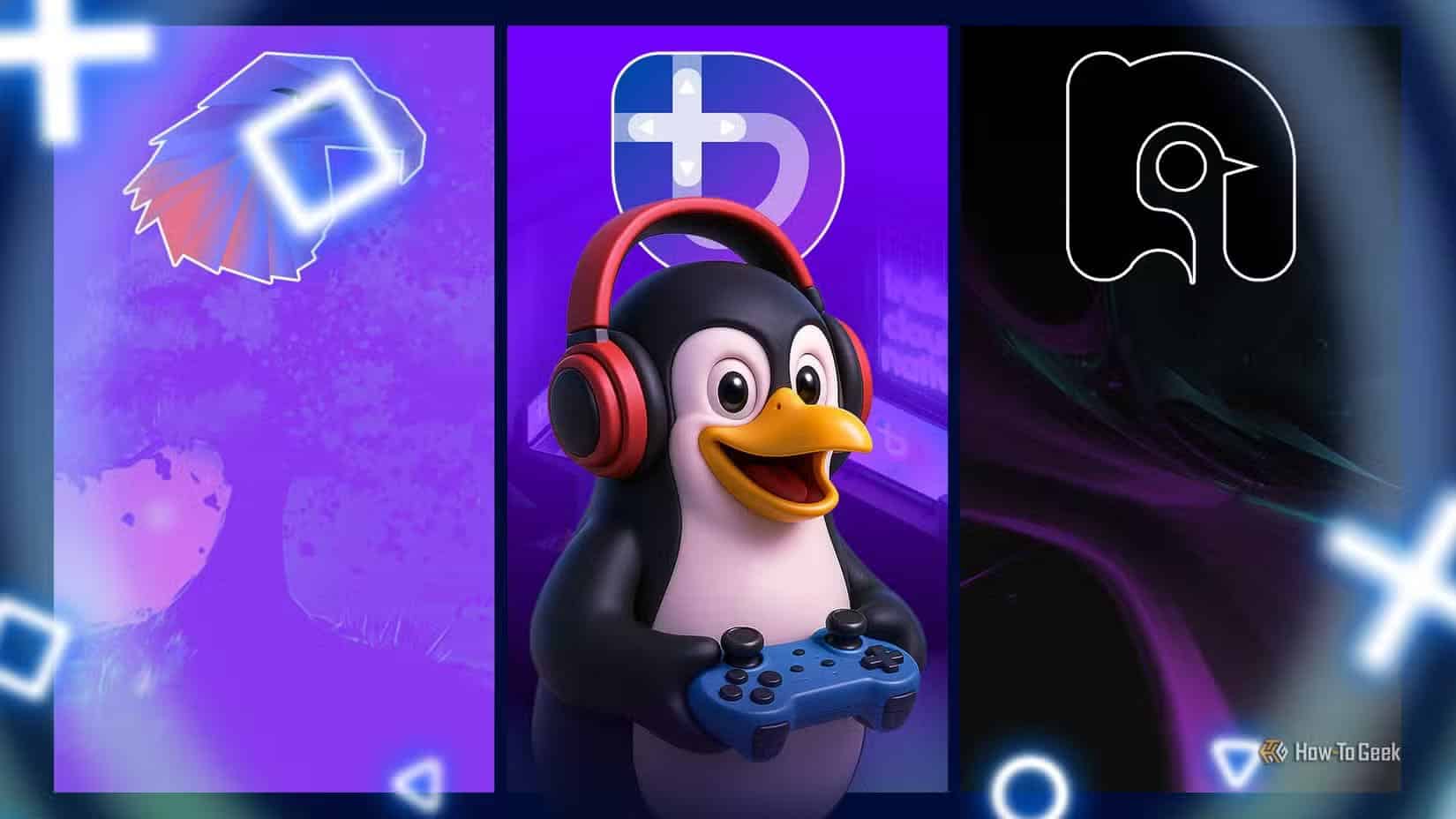 linux-mascot-wearing-headphones-and-holding-a-game-controller-with-three-linux-distros-behind-it أسباب تجعل مستخدمي Linux يعودون للنظام بعد التخلي عنه لفترة