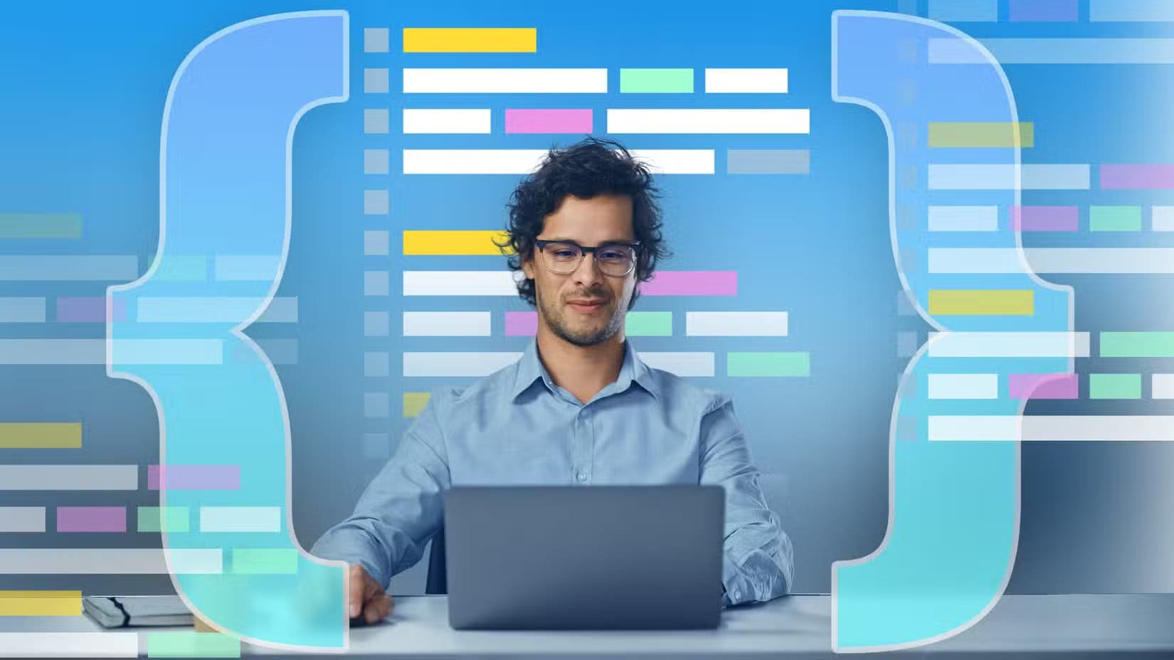 man-working-on-a-laptop-with-large-curly-braces-on-each-side-and-colorful-lines-of-code-in-the-background-1 خرافات برمجية ما زالت تخدع الكثير من المطورين