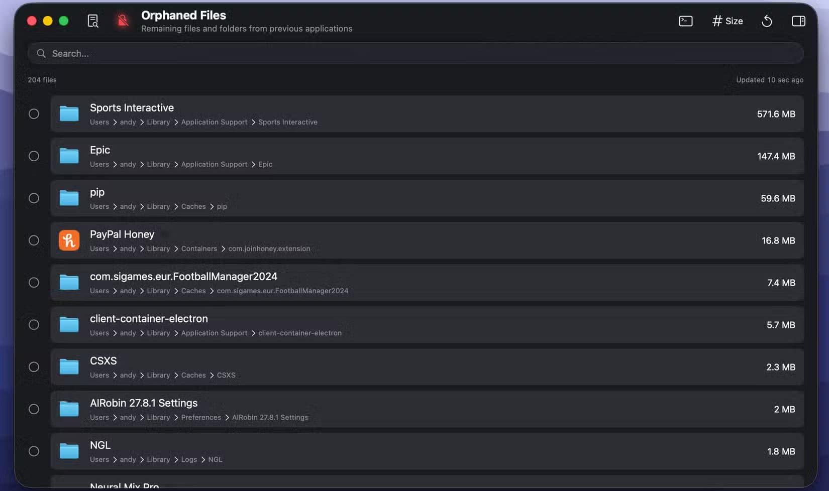 orphaned-apps-in-pearcleaner طرق فعّالة لاستعادة مساحة القرص على جهاز Mac دون حذف ملفاتك الأساسية