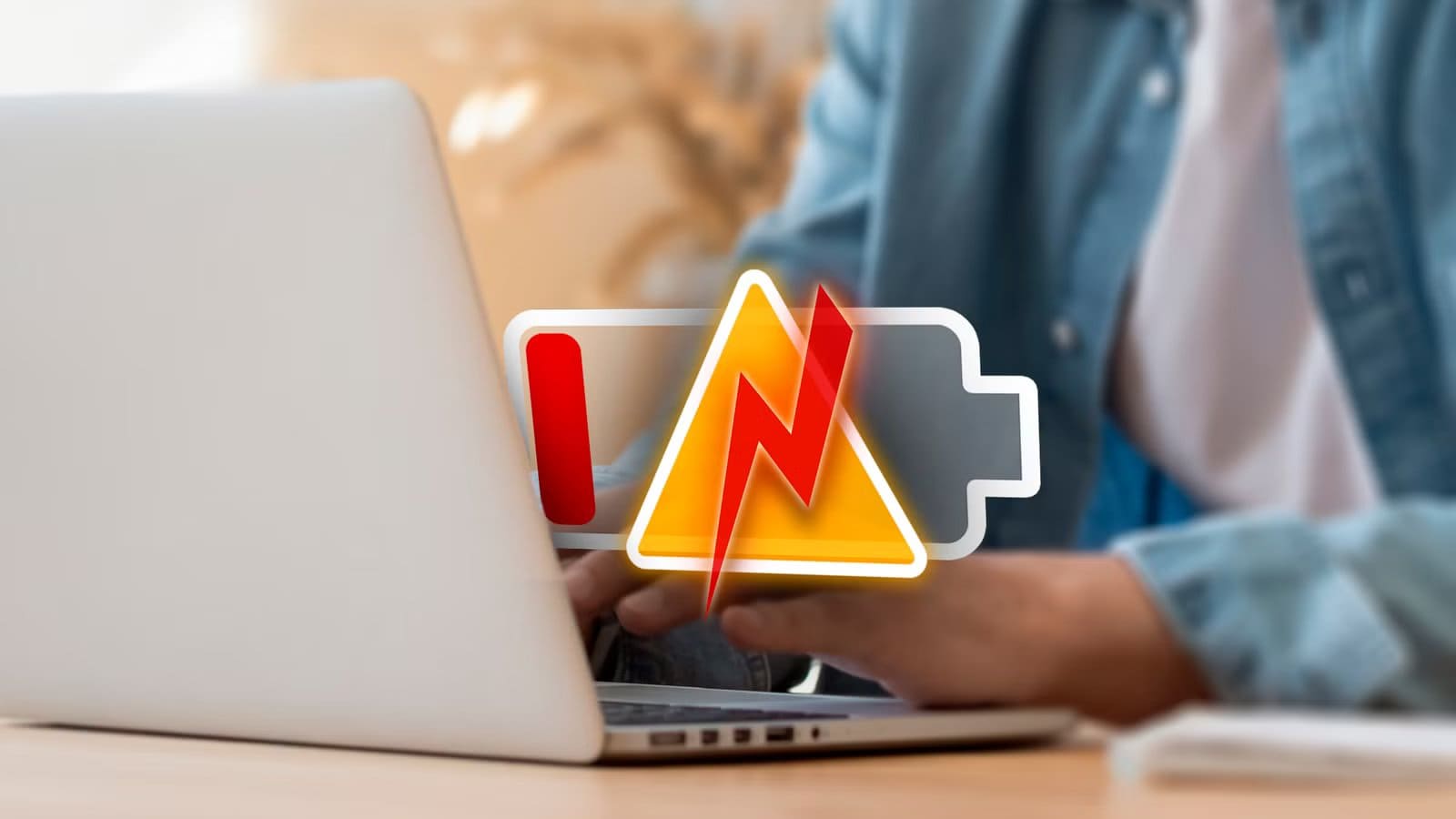 person-using-a-laptop-with-a-low-battery-icon-and-an-alert طرق فعّالة لزيادة عمر بطارية أجهزة الكمبيوتر المحمولة بنظام Windows