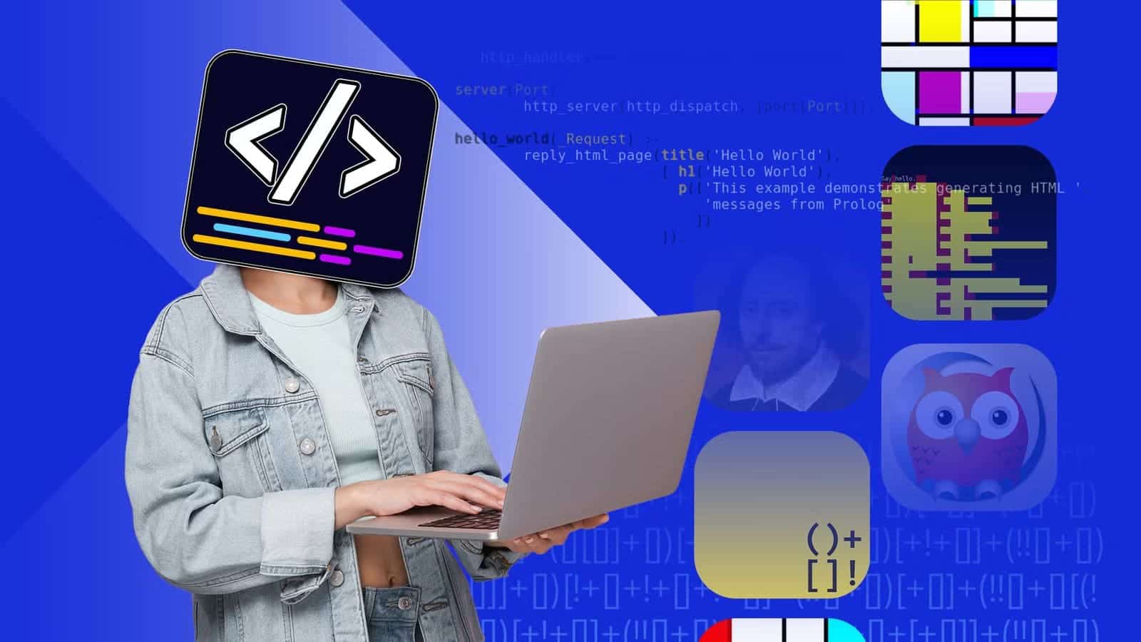 person-with-a-code-editor-icon-as-a-head-holding-a-laptop-surrounded-by-colorful-icons-representing-unusual-programming-languages-like-piet-shakespeare-prolog-whitespace-and-jsfuck لغات برمجة غير مألوفة تقدم أفكارًا تستحق التجربة