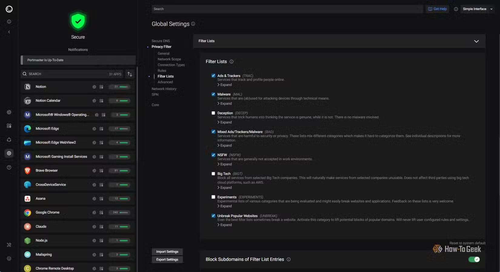 portmaster-filter-list-in-settings-page-2 طريقة بسيطة للحد من وصول التطبيقات إلى الإنترنت دون تعقيد