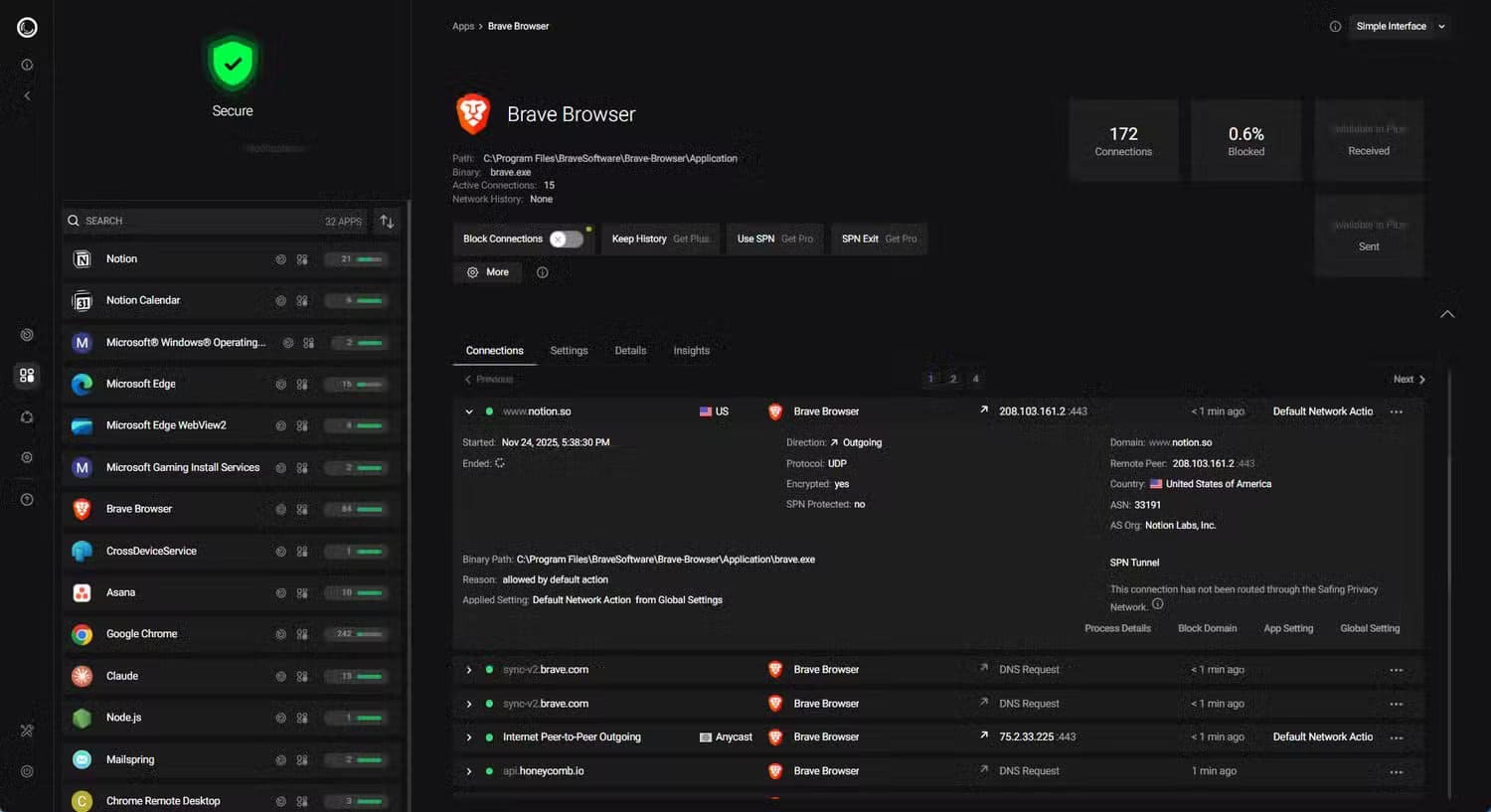 portmaster-showing-network-activity-of-brave-browser طريقة بسيطة للحد من وصول التطبيقات إلى الإنترنت دون تعقيد