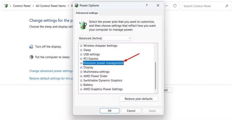 processor-power-management-option-in-the-control-panel طرق فعّالة لزيادة عمر بطارية أجهزة الكمبيوتر المحمولة بنظام Windows
