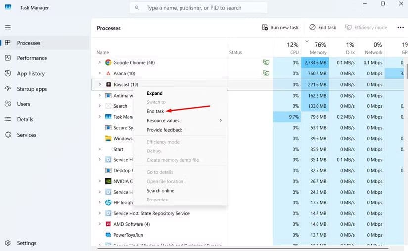 raycast-option-in-the-task-manager طرق فعّالة لزيادة عمر بطارية أجهزة الكمبيوتر المحمولة بنظام Windows
