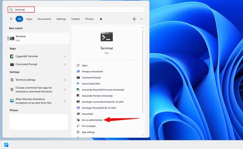 searching-for-and-running-terminal-as-an-admin طرق بسيطة لإصلاح أكثر مشاكل Windows 11 المزعجة