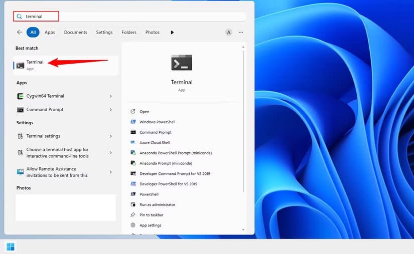 searching-for-and-running-terminal-not-as-admin طرق بسيطة لإصلاح أكثر مشاكل Windows 11 المزعجة