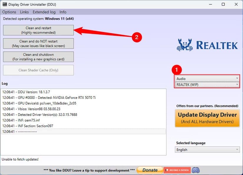 select-the-drivers-you-want-to-remove-then-click-clean-and-restart أفضل الإجراءات عند تعطل Windows 11 واستعادة التشغيل بسرعة