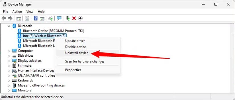 select-uninstall-device-when-you-right-click-a-device أفضل الإجراءات عند تعطل Windows 11 واستعادة التشغيل بسرعة