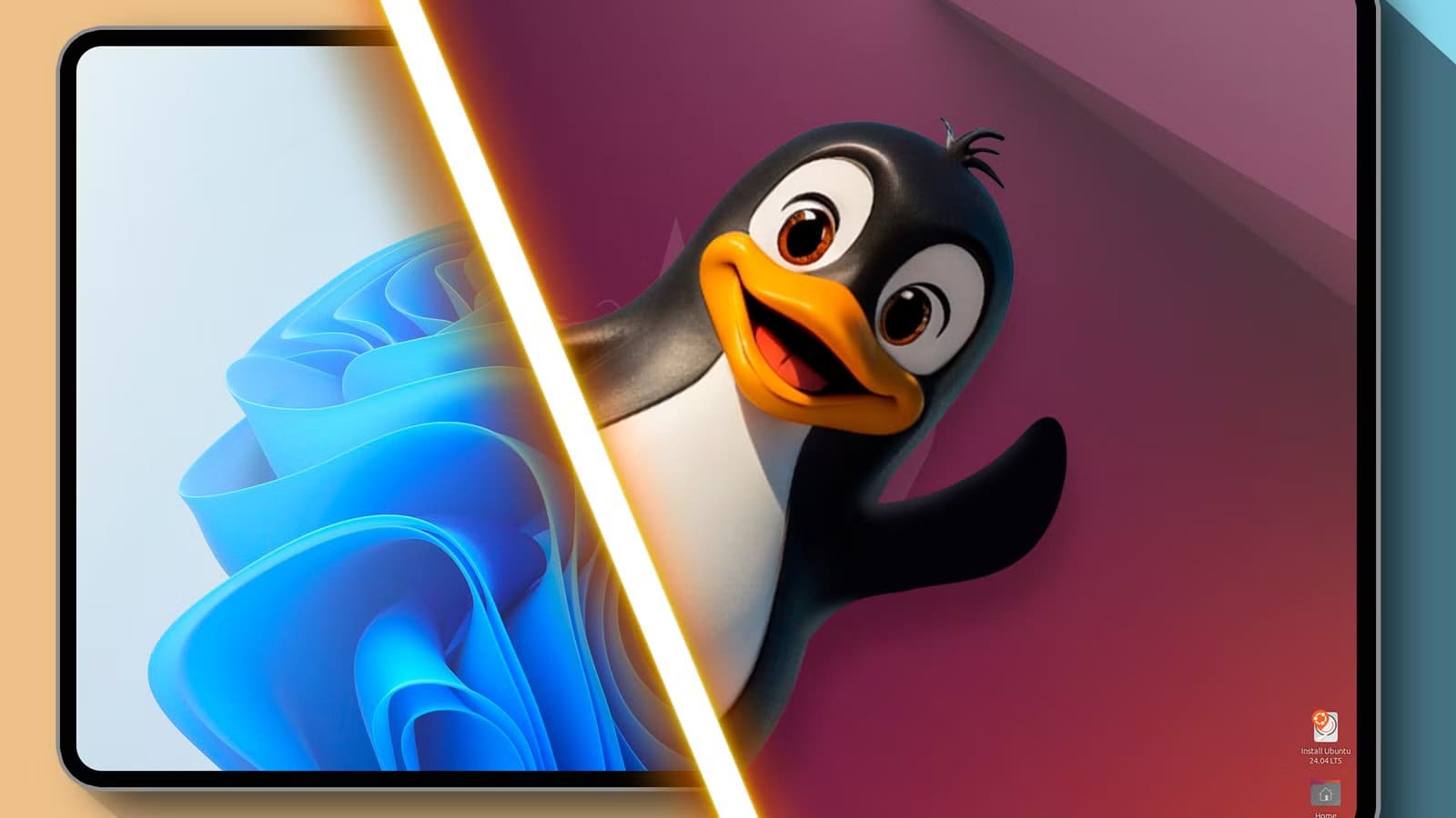 split-screen-with-windows-11-on-the-left-and-linux-on-the-right-with-tux مقارنة عملية تكشف الفروق الحقيقية بين Linux وWindows في السرعة والاستجابة