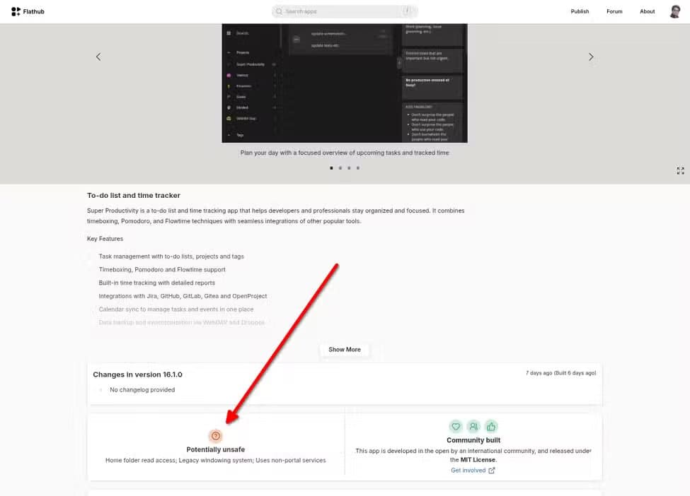 super-productivity-flathub-page-saying-its-potentially-unsafe أفضل 7 تطبيقات Flatpak لمستخدمي لينُكس