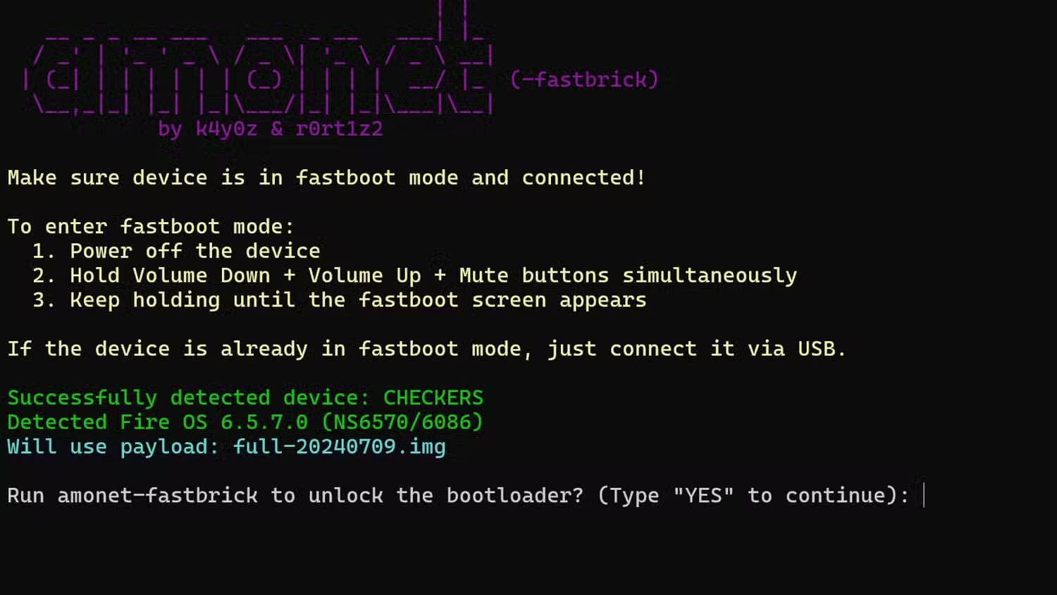 the-amonet-fastbrick-tool-showing-an-echo-show-device-has-been-recognized-as-asking-if-you-want-to-run-amonet-fastbrick-to-unlock-the-bootloader اجعل شاشة Echo Show تعرض لوحة تحكم Home Assistant تلقائياً