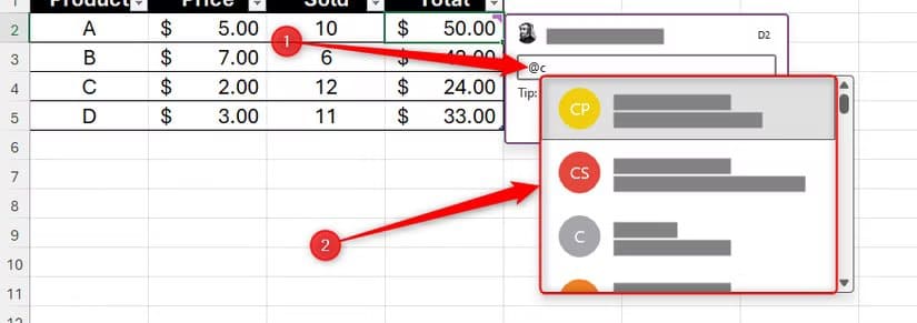 the-at-sign-is-typed-into-a-comment-in-excel-followed-by-the-letter-c-to-trigger-a-collaborator-tag عادات يومية ساعدتني على الاستفادة القصوى من أدوات Microsoft 365 للعمل الجماعي