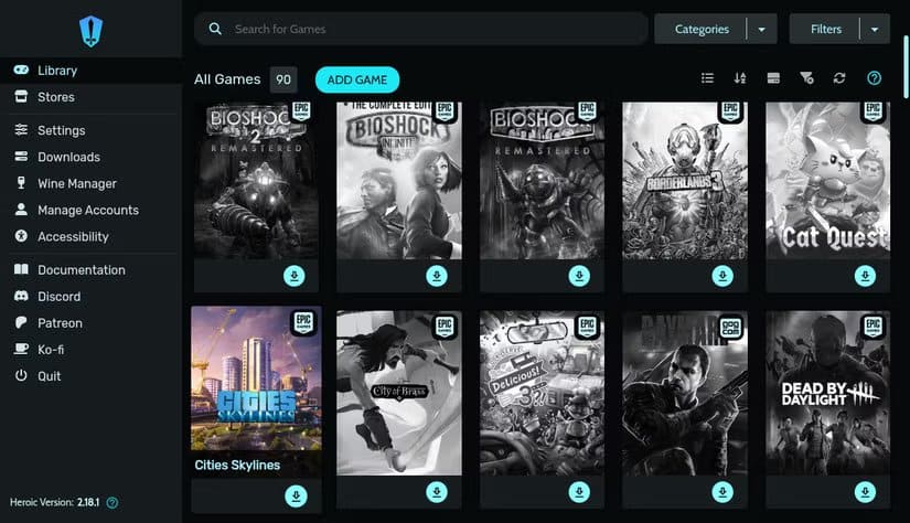 the-heroic-games-launcher-app-on-linux-showing-several-games-in-a-library تطبيقات لينكس قوية تمنح تجربة استخدام أفضل وتستحق الاعتماد عليها دائمًا