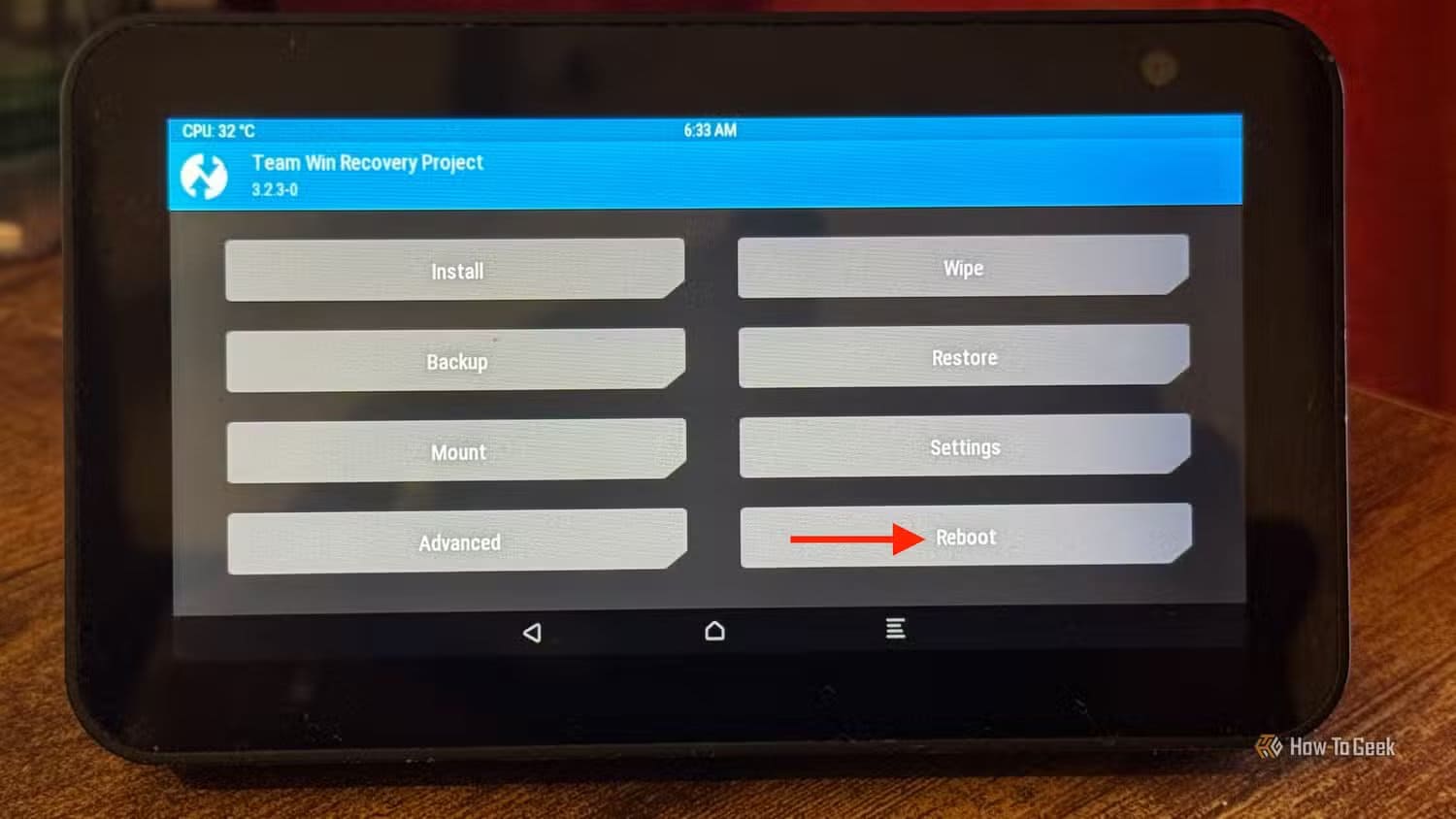 the-reboot-option-in-twrp-running-on-an-echo-show-5-1 اجعل شاشة Echo Show تعرض لوحة تحكم Home Assistant تلقائياً