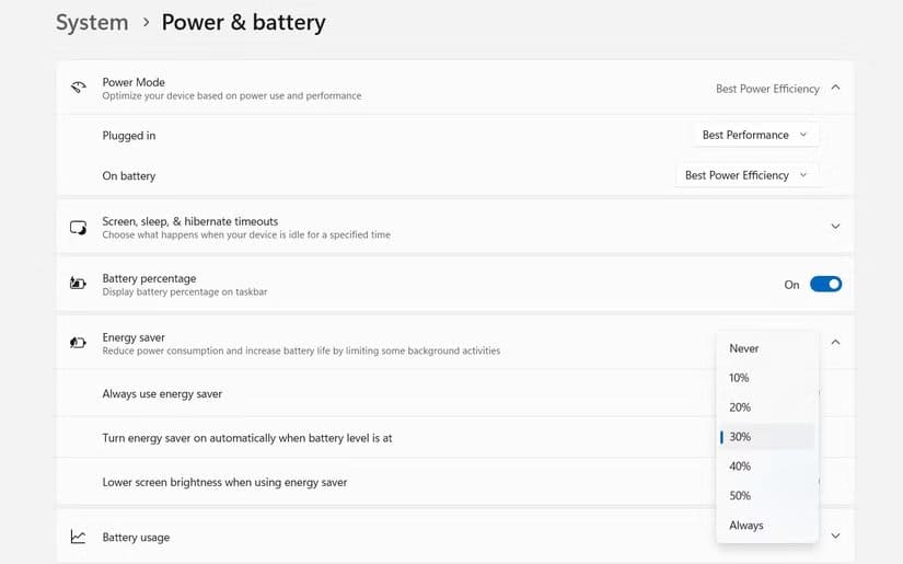 turn-energy-saver-on-autamatically-when-battery-level-is-at-option-in-windows-settings طرق فعّالة لزيادة عمر بطارية أجهزة الكمبيوتر المحمولة بنظام Windows