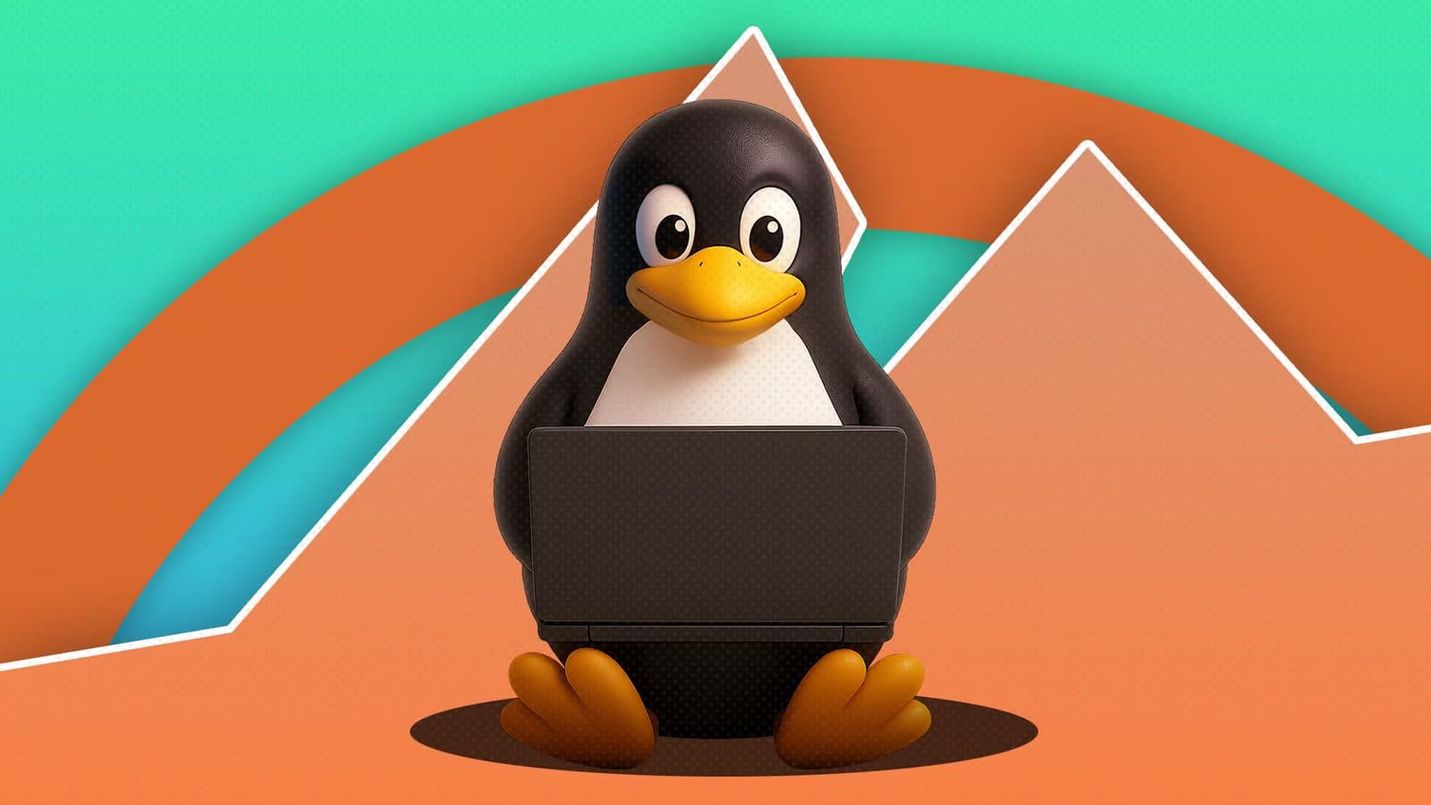 tux-the-linux-mascot-using-a-laptop-in-front-of-cinnamon-desktop-mountains-logo أفضل تطبيقات يبدأ بها مستخدم Linux الجديد للحصول على تجربة مريحة وسلسة