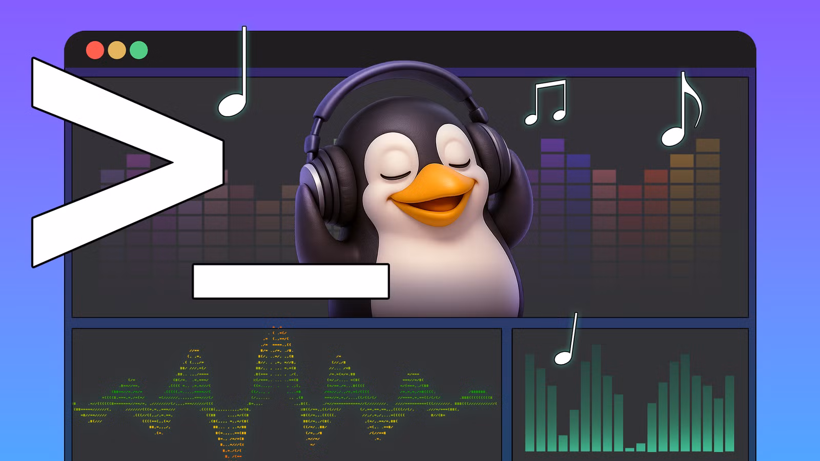 tux-the-linux-mascot-wearing-headphones-inside-a-terminal-window-with-colorful-equalizers-and-music-notes استمتع بالموسيقى عبر سطر الأوامر باستخدام هذه الأدوات المذهلة