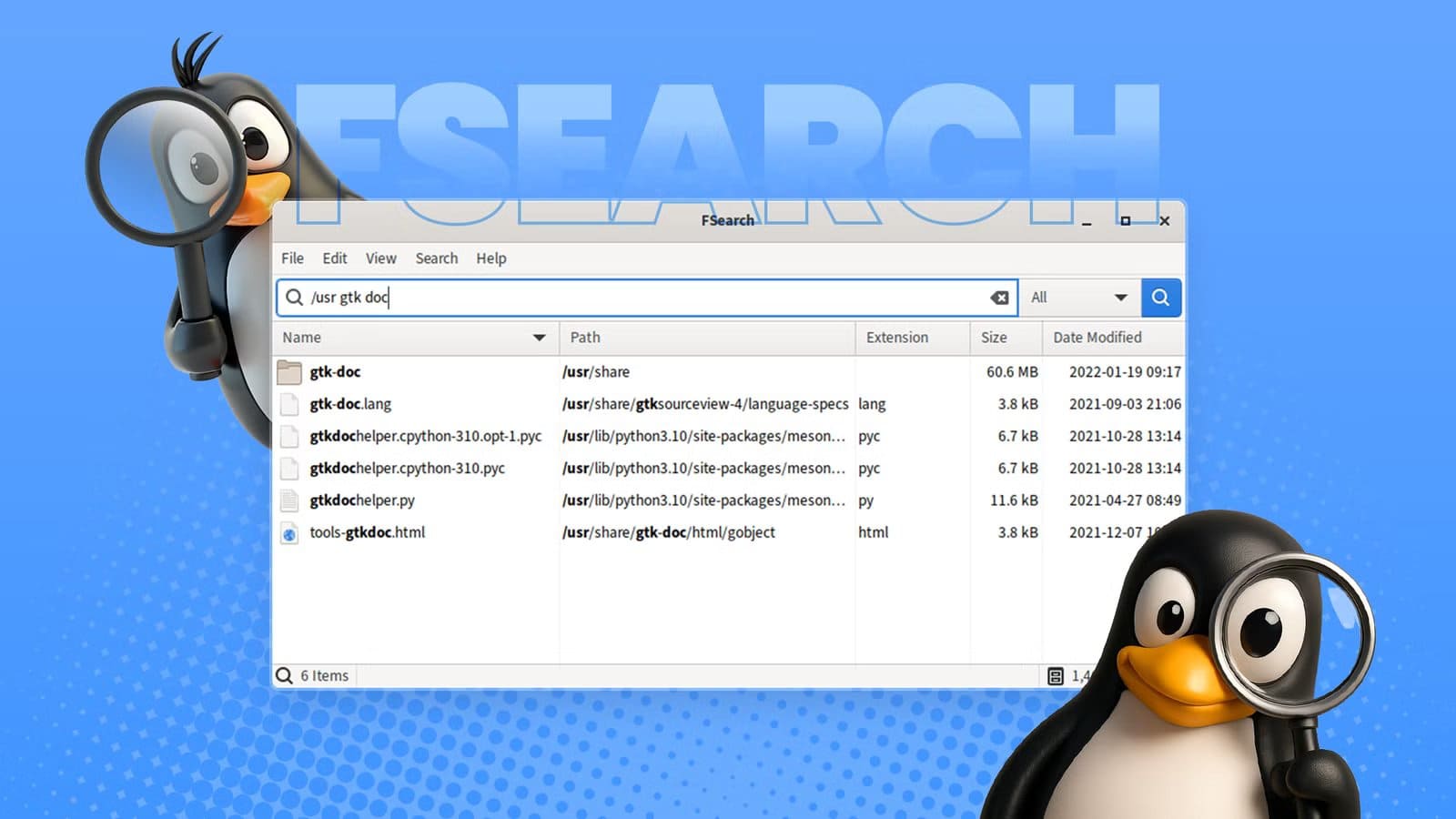 two-linux-penguins-holding-magnifying-glasses-frame-a-screenshot-of-the-fsearch-application-performing-a-fast-file-search-on-linux أداة بحث تغيّر تجربة مستخدمي Windows وتمنحهم سرعة شبيهة بما اعتادوه على Linux