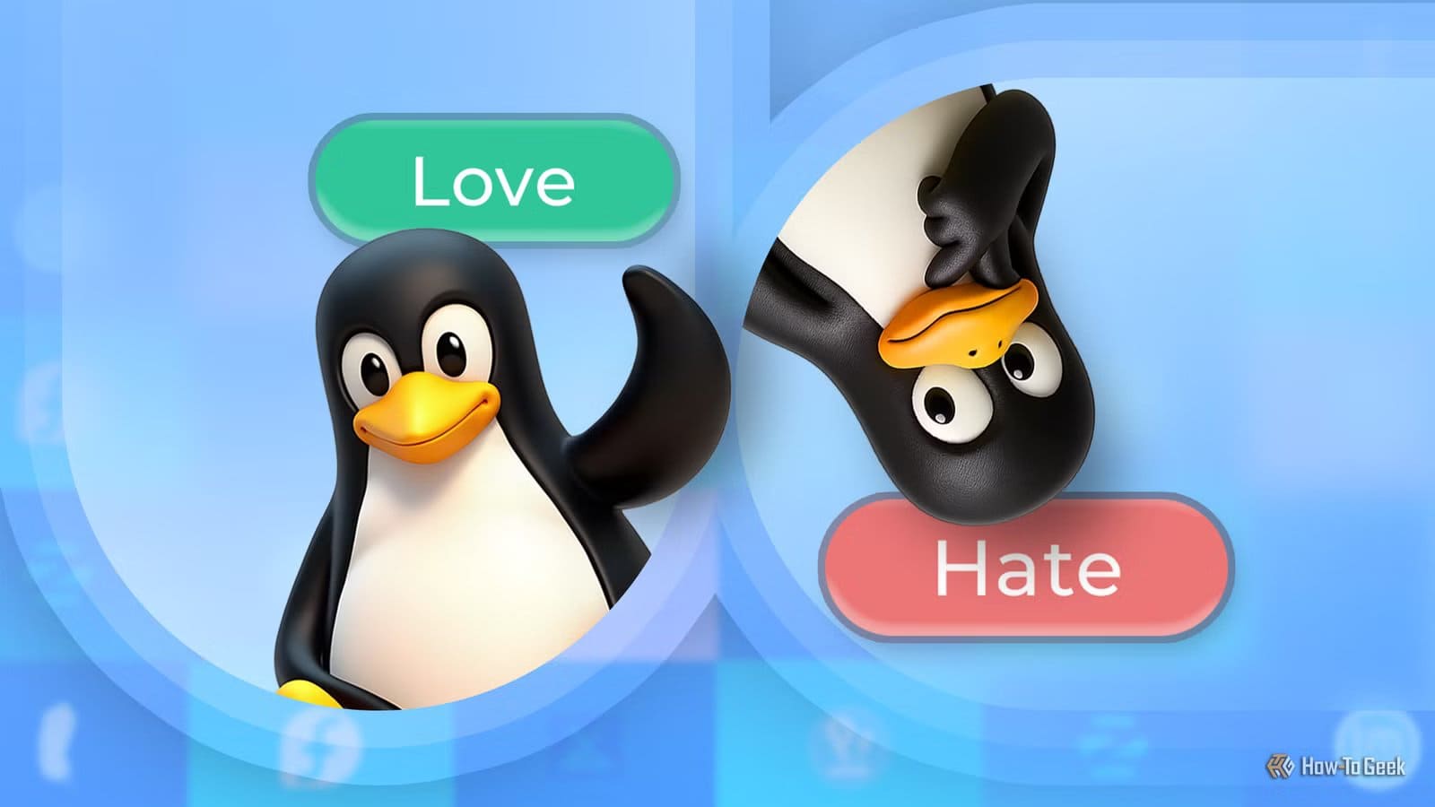 two-linux-penguins-one-cheerful-with-a-love-button-the-other-confused-with-a-hate-button أسباب تجعل مستخدمي Linux يعودون للنظام بعد التخلي عنه لفترة
