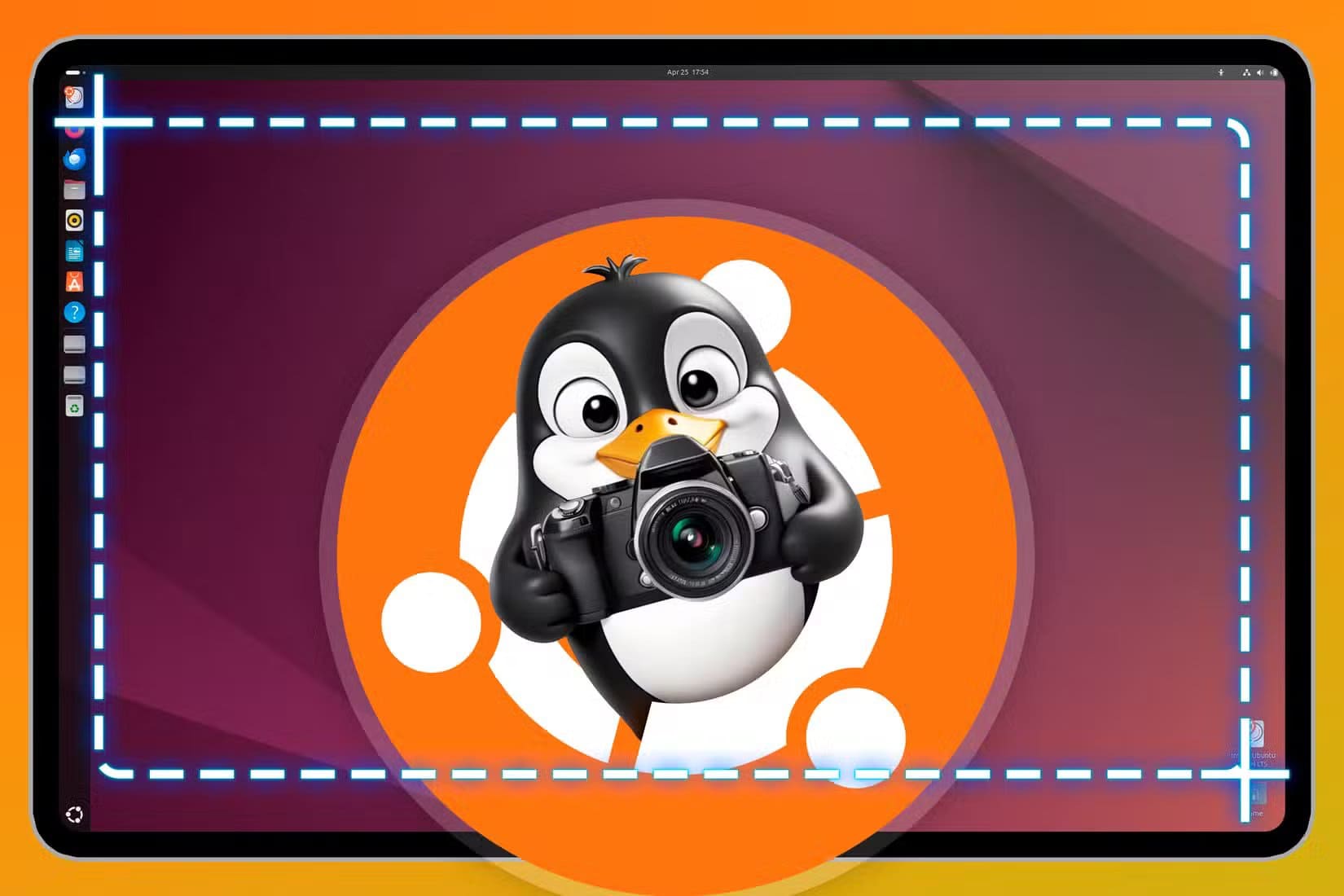 ubuntu-logo-with-the-linux-mascot-holding-a-camera-and-the-ubuntu-home-screen-in-the-background أقوى الاستخدامات اليومية التي تُثبت قدرة Linux على إنجاز الأعمال بكفاءة عالية