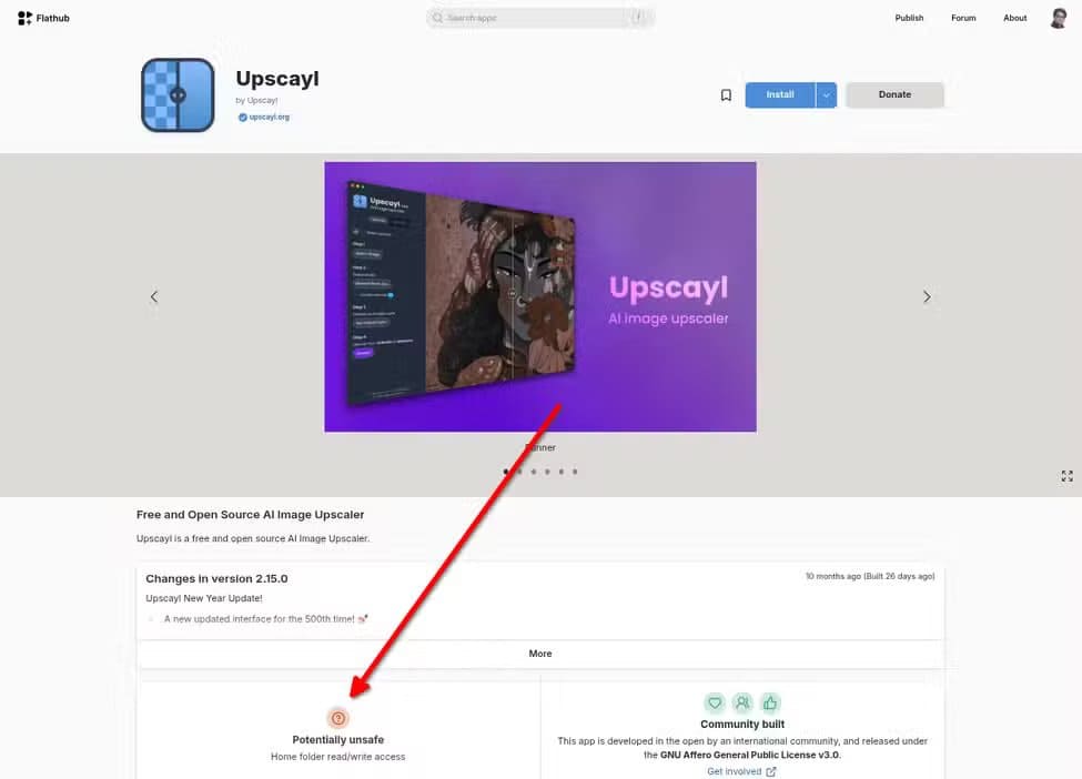 upscayl-flathub-page-saying-its-potentially-unsafe أفضل 7 تطبيقات Flatpak لمستخدمي لينُكس