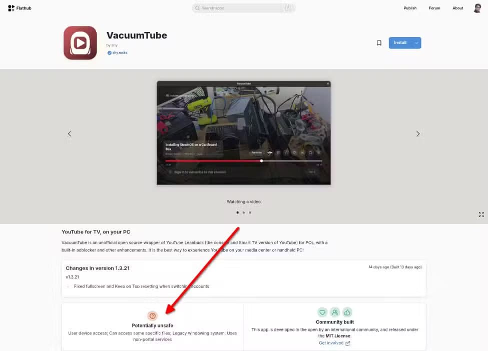 vacuumtube-flathub-page-saying-its-potentially-unsafe أفضل 7 تطبيقات Flatpak لمستخدمي لينُكس