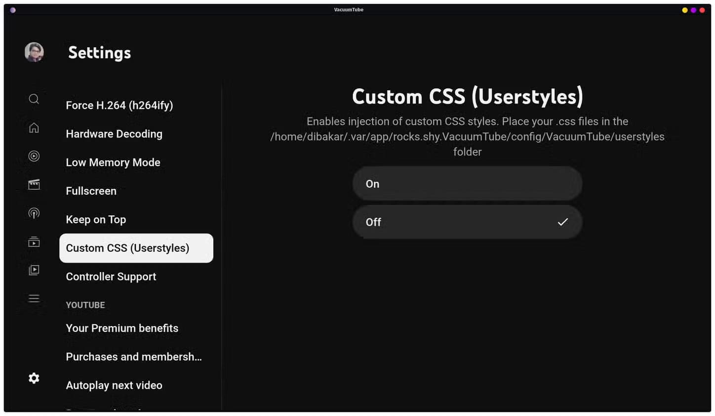vacuumtube-setting-enabling-custom-css أفضل 7 تطبيقات Flatpak لمستخدمي لينُكس
