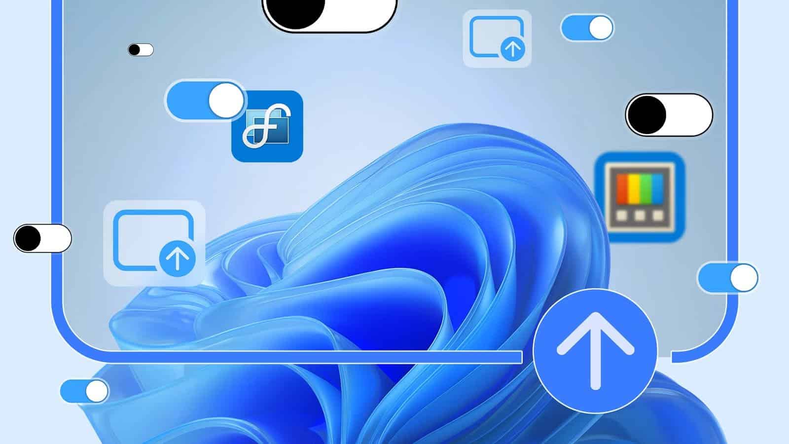 windows-11-interface-featuring-the-displayfusion-and-powertoys-icons-surrounded-by-various-toggle-switches أفضل تطبيقين يجب تركهما في قائمة بدء تشغيل ويندوز لتحسين الأداء واستقرار النظام