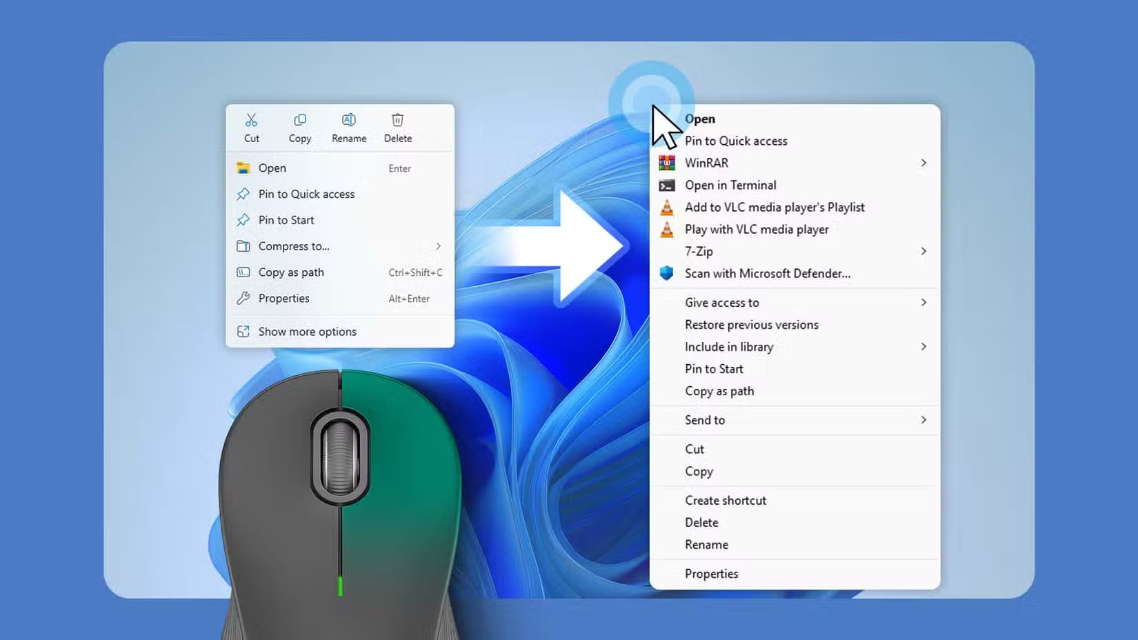 windows-11-simplified-right-click-context-menu-on-the-left-and-the-restored-full-classic-context-menu-on-the-right-with-the-mouse-right-button-highlighted طرق بسيطة لإصلاح أكثر مشاكل Windows 11 المزعجة