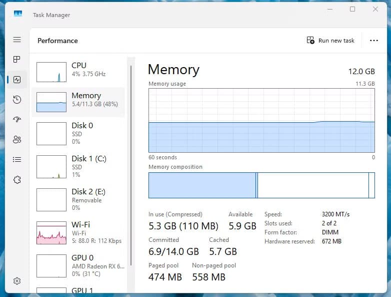 windows-11-task-manager-showing-close-to-6gb-of-12gb-of-ram-being-consumed-at-a-stead-pace مقارنة عملية تكشف الفروق الحقيقية بين Linux وWindows في السرعة والاستجابة