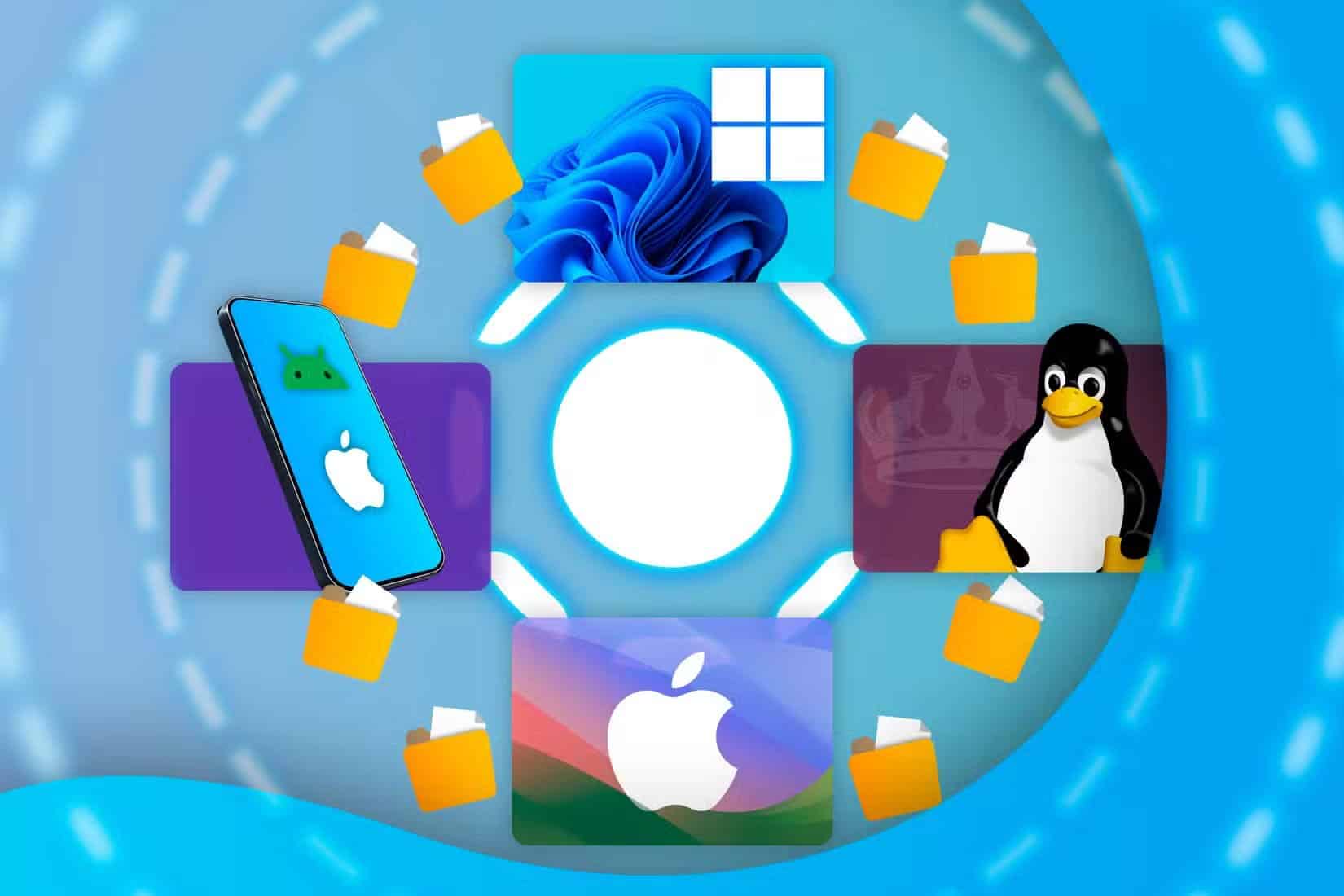windows-linux-mac-logos-and-a-mobile-device-with-apple-and-android-logos-with-the-localsend-logo-in-the-center-of-the-screen-and-files-being-transferred تطبيقات Android مفتوحة المصدر تستحق الاستخدام حتى لو لم تكن مجانية