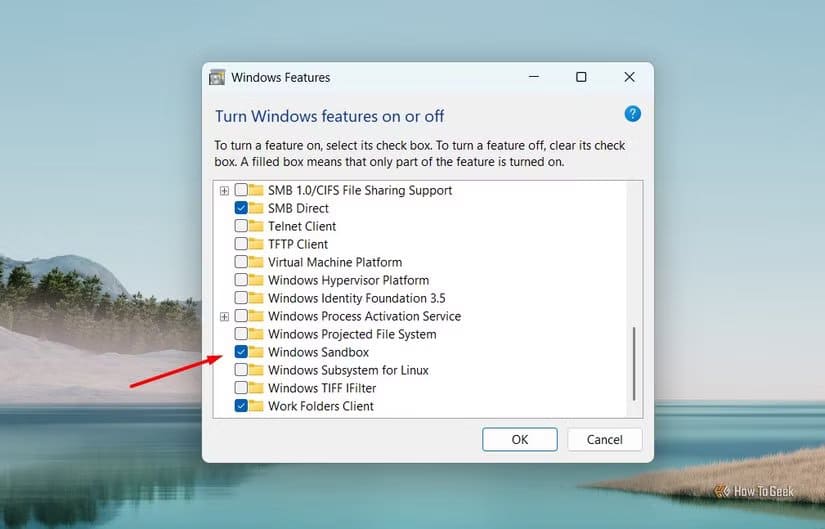 windows-sandbox-option-in-the-windows-features-window أدوات مخفية في ويندوز تمنحك تحكمًا أكبر وتجربة استخدام أفضل