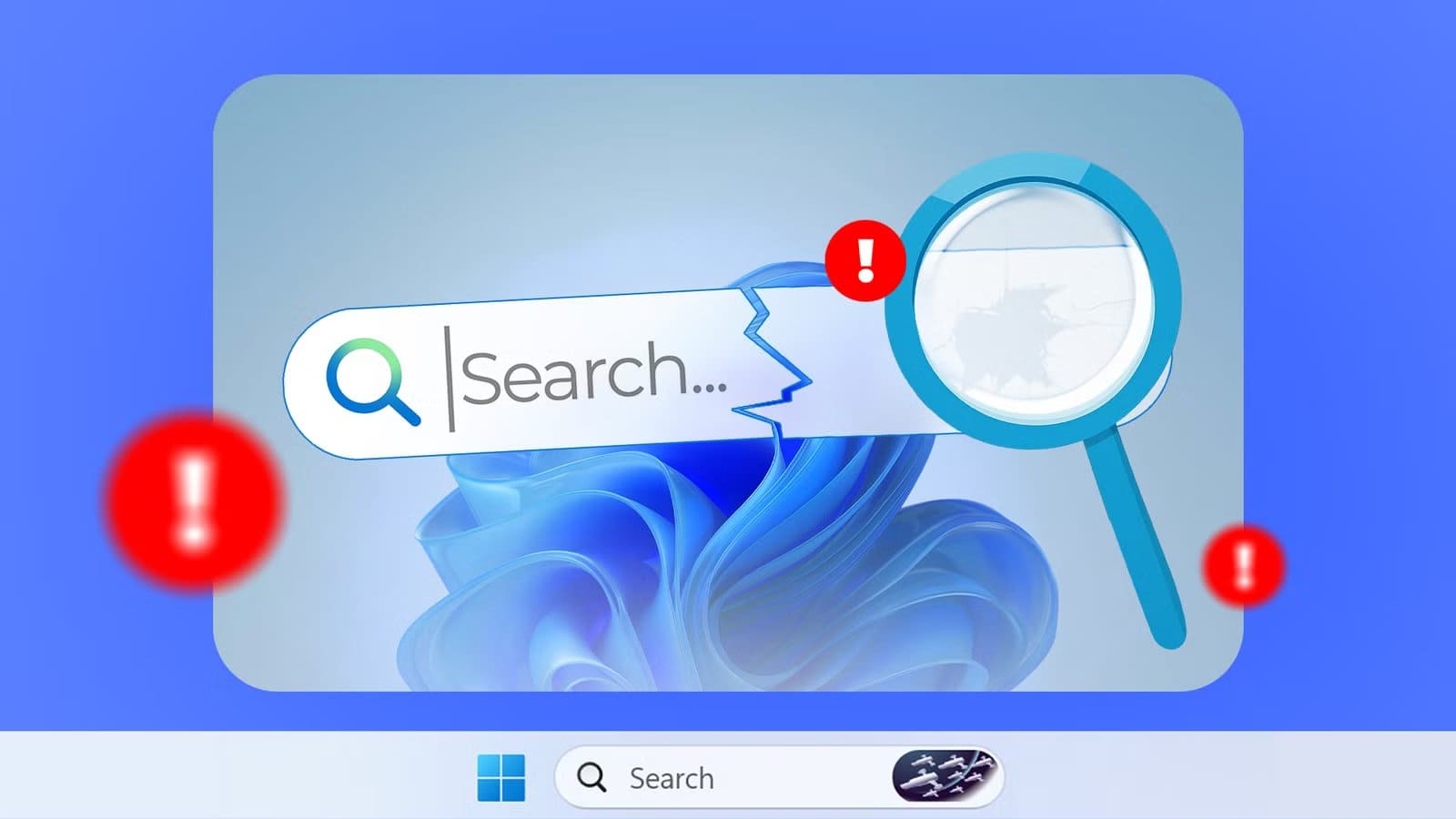 a-broken-windows-search-bar-with-cracked-magnifying-glass-and-red-warning-icons-around أفضل بدائل البحث في Windows لتسريع العثور على الملفات وتحسين الإنتاجية