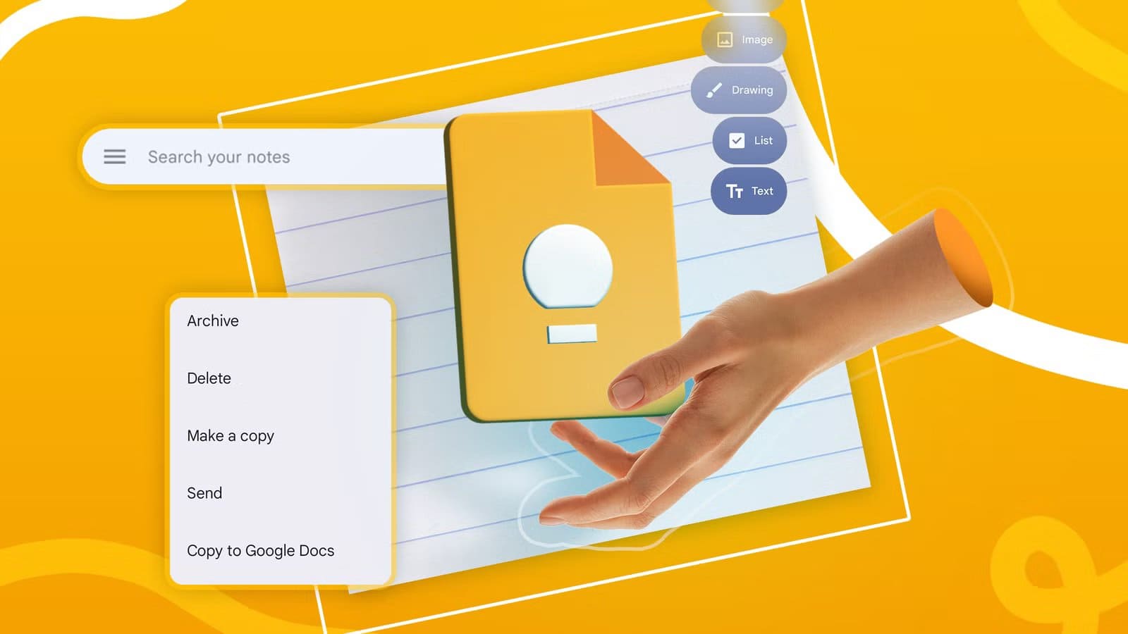 a-hand-holding-the-google-keep-icon-with-note-options-around Google Keep يمنحك طريقة أسهل لإدارة مهامك وتنظيم يومك بكفاءة