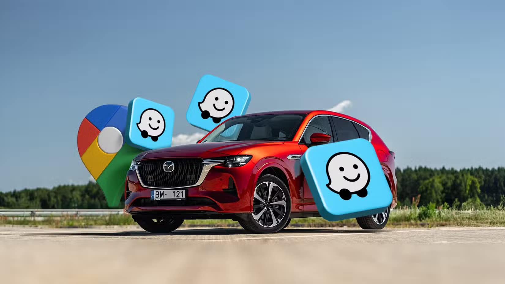 a-red-car-parked-outdoors-surrounded-by-floating-waze-and-google-maps-icons أفضل أوامر Waze الصوتية لقيادة أسهل وتنقل أسرع