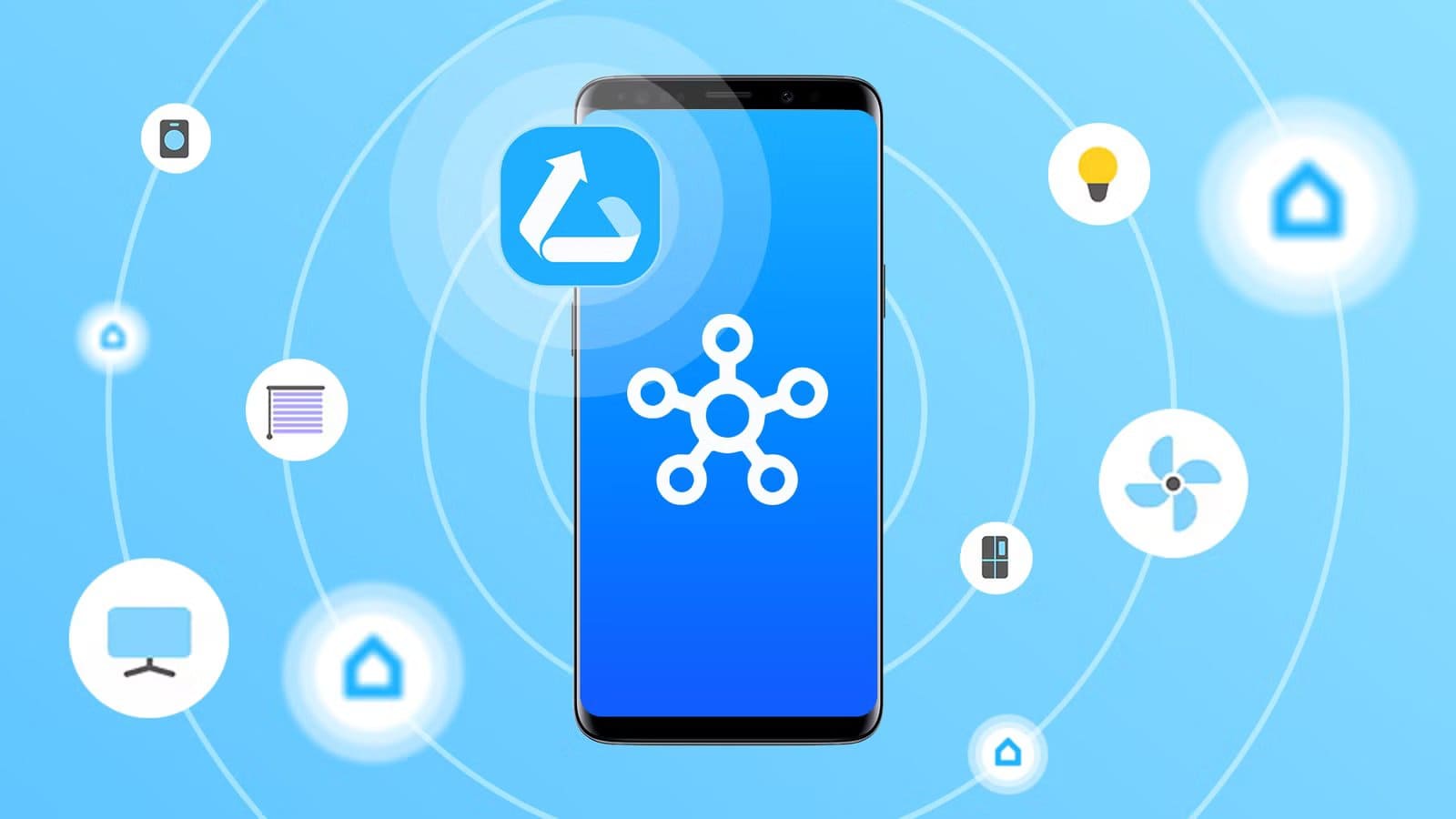 a-samsung-smartphone-displaying-the-smartthings-logo-the-galaxy-upcycle-icon-beside-it-and-several-smart-home-icons-in-the-background طريقة ذكية لإعادة استخدام هاتف Samsung القديم وتحويله لجهاز منزلي مفيد