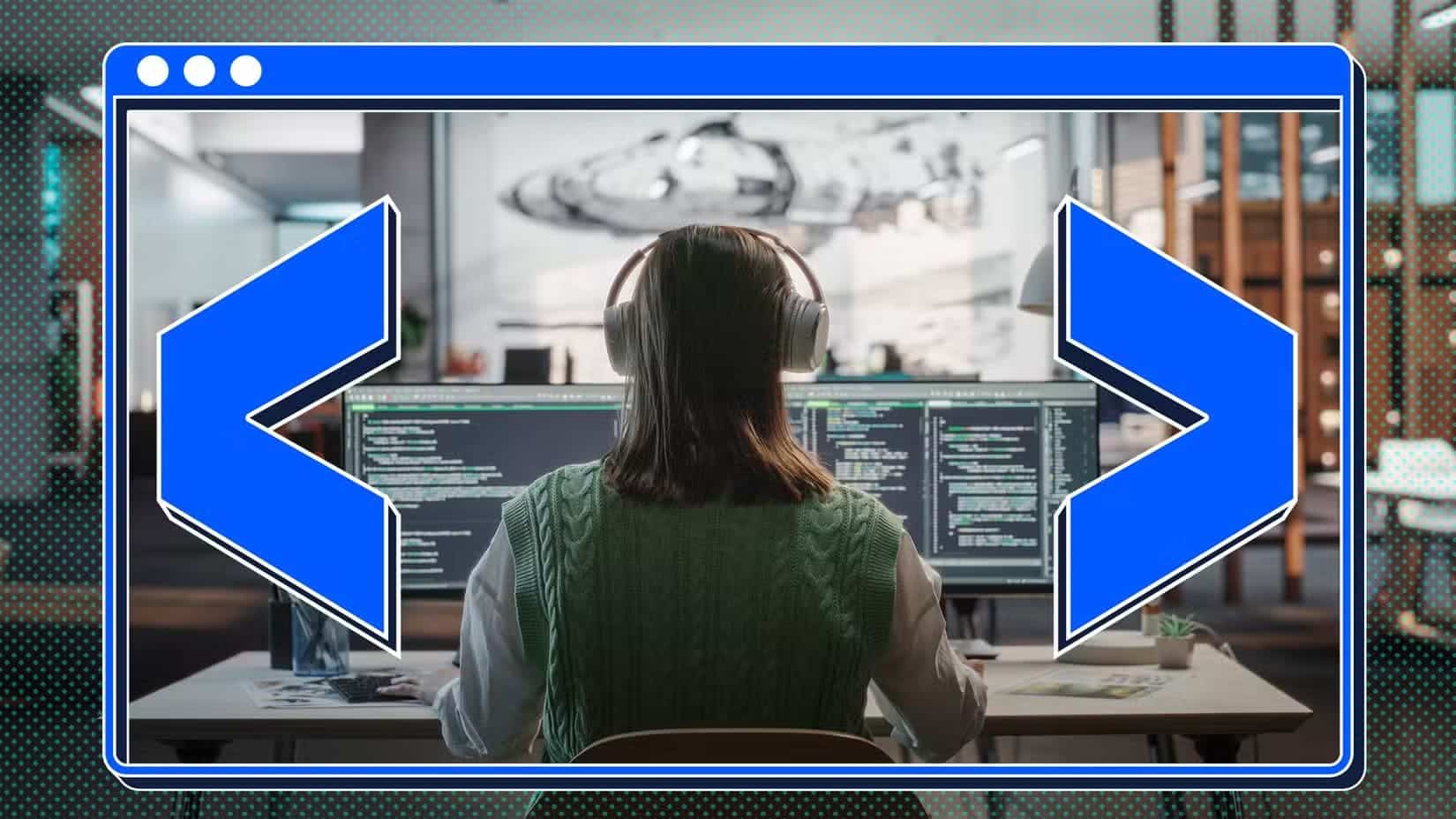 a-woman-coding-on-her-computer-with-less-than-and-greater-than-symbols-around-her كيف يكشف Excel مهارات البرمجة الخفية لدى المستخدمين دون أن يشعروا