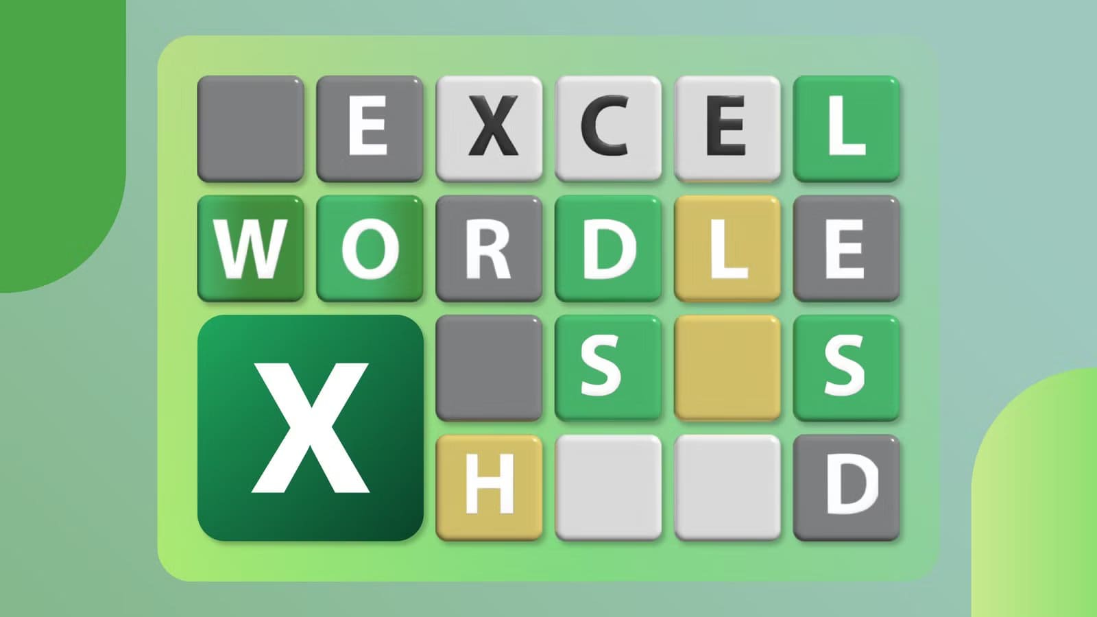 a-wordle-style-grid-spelling-out-excel-wordle-with-green-yellow-gray-and-white-tiles-featuring-a-large-excel-x-icon-integrated-as-one-of-the-tiles طريقة ابتكار ألعاب كلمات تفاعلية داخل Excel باستخدام أدواته الذكية