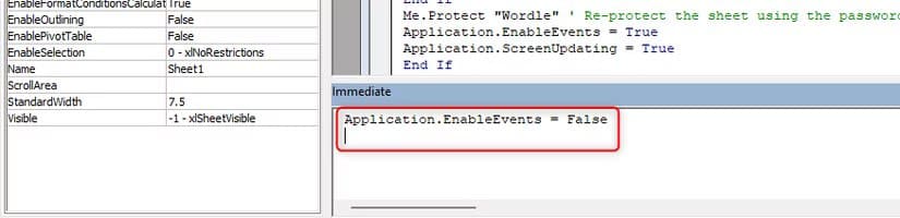 application-enableevents-false-is-typed-into-excel-s-vba-immediate-window-1 طريقة ابتكار ألعاب كلمات تفاعلية داخل Excel باستخدام أدواته الذكية