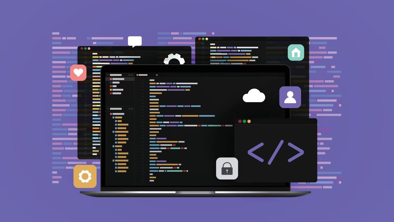 concept-of-computer-programming-or-developing-software-laptop-computer-with-code-on-screen-heart-message-cog-home-user-cloud-and-lock-icons تقنية فعّالة لاكتشاف الأخطاء الخفية في الكود باستخدام الاختبارات التلقائية الواسعة