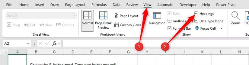 headings-is-checked-in-the-view-tab-on-microsoft-excel-s-ribbon طريقة ابتكار ألعاب كلمات تفاعلية داخل Excel باستخدام أدواته الذكية