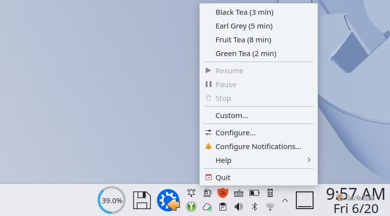 kteatimer-widget-context-menu-in-the-kde-plasma-system-tray تطبيقات تمنح سطح مكتب Linux انطلاقة أسرع وأكثر سلاسة عند التشغيل