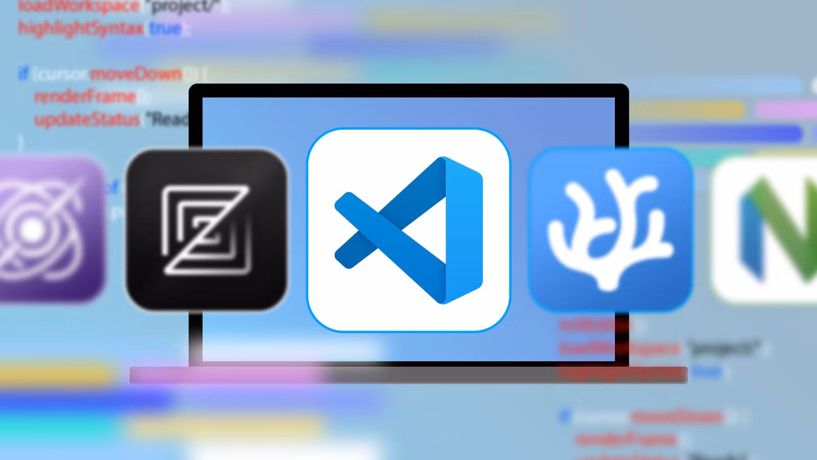 logos-of-zed-vs-code-pulsar-and-neovim-displayed-across-a-laptop-screen-with-blurred-colorful-code-in-the-background أفضل محرري البرامج مفتوحة المصدر الذين يتفوقون على VS Code في الأداء والميزات