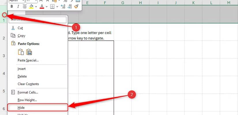 row-1-in-a-microsoft-excel-worksheet-is-selected-and-hide-is-selected-from-the-right-click-menu طريقة ابتكار ألعاب كلمات تفاعلية داخل Excel باستخدام أدواته الذكية