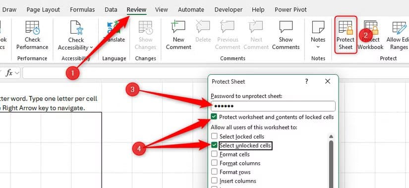 select-unlocked-cells-is-checked-and-a-password-is-entered-in-microsoft-excel-s-protect-sheet-window طريقة ابتكار ألعاب كلمات تفاعلية داخل Excel باستخدام أدواته الذكية