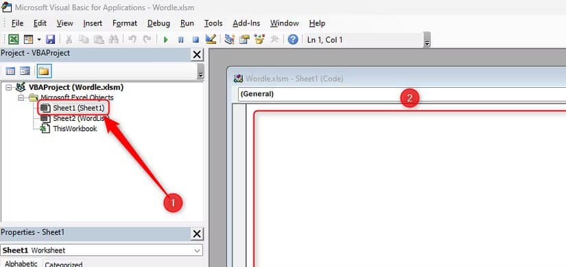 sheet1-is-selected-in-the-vbaproject-area-of-excel-s-vba-window-and-the-module-area-is-highlighted طريقة ابتكار ألعاب كلمات تفاعلية داخل Excel باستخدام أدواته الذكية