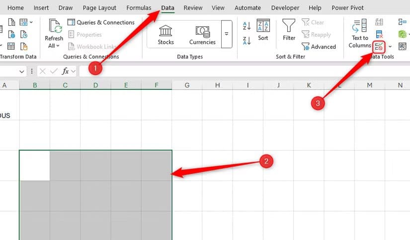 some-cells-in-excel-are-selected-and-the-data-validation-button-in-the-data-tab-is-selected طريقة ابتكار ألعاب كلمات تفاعلية داخل Excel باستخدام أدواته الذكية